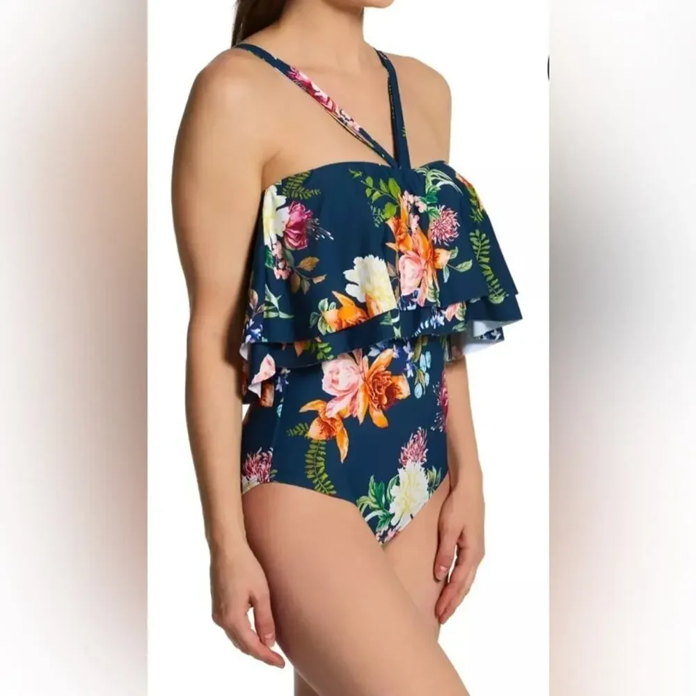 NWOT JANTZEN AZURE BLUE Floral Enchantment Clair One Piece Swimsuit SZ 20W